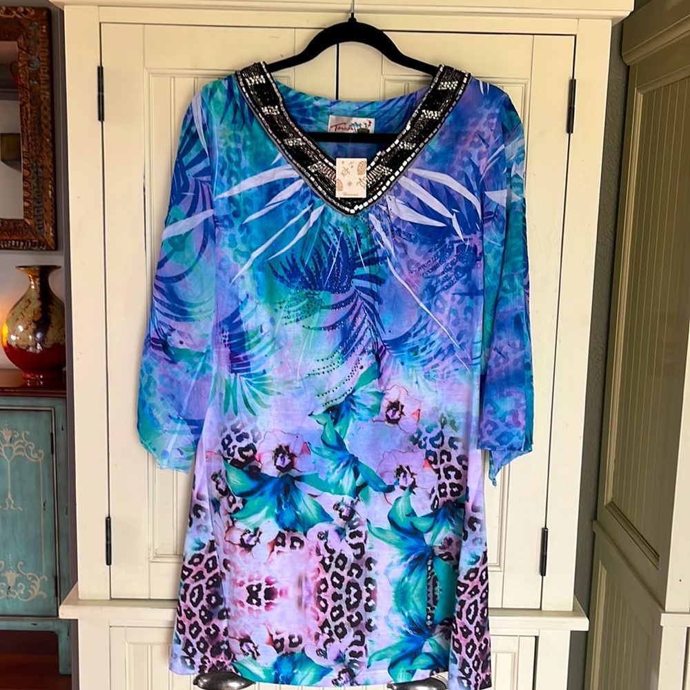 Beautiful blue green purple dress with seed beads in excellent condition.